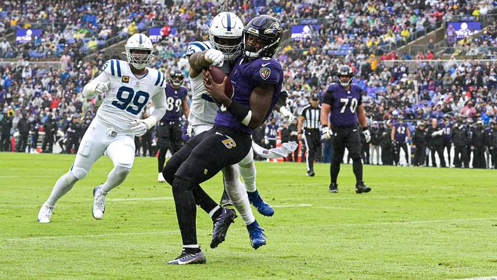 Sep 24, 2023; Baltimore, Maryland, USA; Baltimore Ravens quarterback Lamar Jackson (8) runs for a touchdown during the game against the Indianapolis Colts at M&T Bank Stadium. Mandatory Credit: Tommy Gilligan-USA TODAY Sports Sep 24, 2023; Baltimore, Maryland, USA; Baltimore Ravens quarterback Lamar Jackson (8) runs for a touchdown during the game against the Indianapolis Colts at M&T Bank Stadium. Mandatory Credit: Tommy Gilligan-USA TODAY Sports