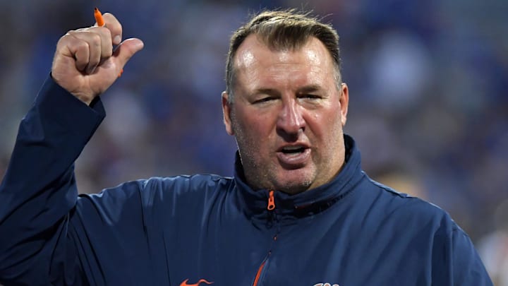 Aug 29, 2024; Champaign, Illinois, USA;  Illinois Fighting Illini head coach Bret Bielema on the sidelines during the first half at Memorial Stadium. Mandatory Credit: Ron Johnson-Imagn Images