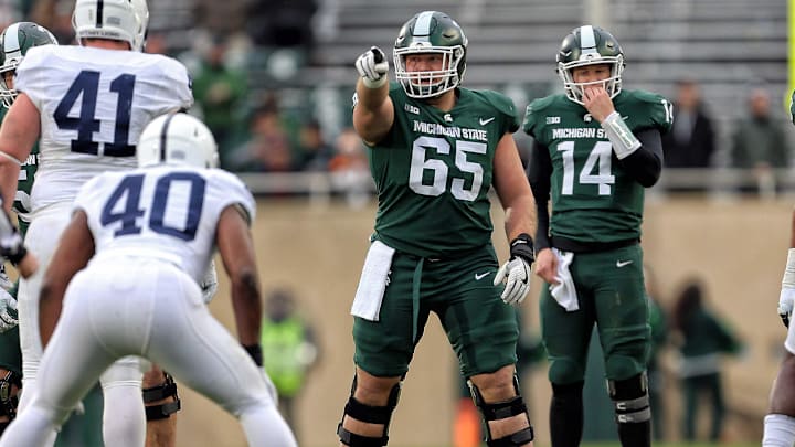 Nov 4, 2017; East Lansing, MI, USA; Michigan State Spartans offensive lineman Brian Allen (65)