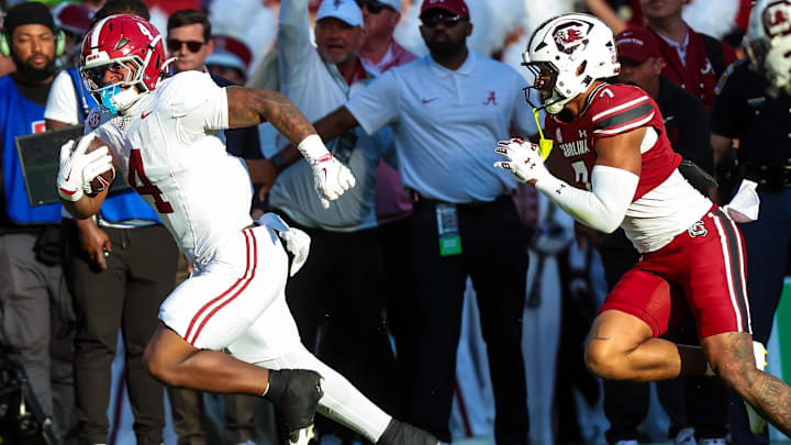Oct 25, 2025; Columbia, South Carolina, USA; Alabama Crimson Tide running back Daniel Hill (4) rushes against the South Carolina Gamecocks in the second quarter at Williams-Brice Stadium. Mandatory Credit: Jeff Blake-Imagn Images Oct 25, 2025; Columbia, South Carolina, USA; Alabama Crimson Tide running back Daniel Hill (4) rushes against the South Carolina Gamecocks in the second quarter at Williams-Brice Stadium. Mandatory Credit: Jeff Blake-Imagn Images