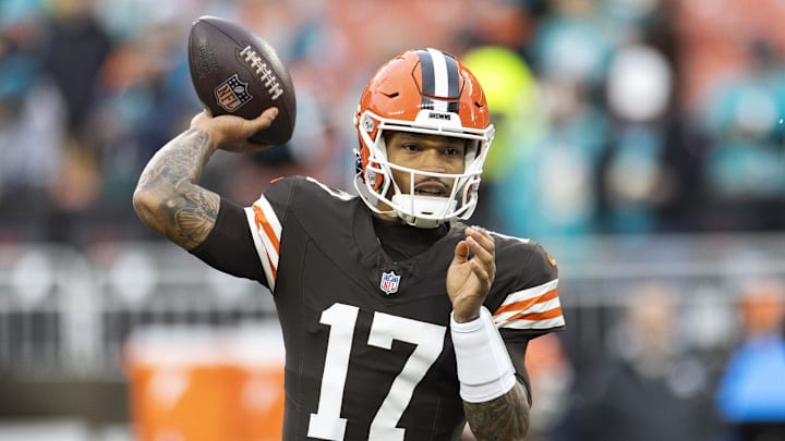 Dec 29, 2024; Cleveland, Ohio, USA; Cleveland Browns quarterback Dorian Thompson-Robinson (17) throws the ball during warm ups before the game against the Miami Dolphins at Huntington Bank Field. Mandatory Credit: Scott Galvin-Imagn Images