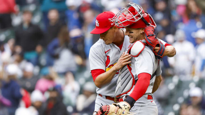 Apr 23, 2023; Seattle, Washington, USA; St. Louis Cardinals relief pitcher Giovanny Gallegos (left) celebrates with catcher Andrew Knizner (7) following a 7-3 victory against the Seattle Mariners at T-Mobile Park. Mandatory Credit: Joe Nicholson-USA TODAY Sports Apr 23, 2023; Seattle, Washington, USA; St. Louis Cardinals relief pitcher Giovanny Gallegos (left) celebrates with catcher Andrew Knizner (7) following a 7-3 victory against the Seattle Mariners at T-Mobile Park. Mandatory Credit: Joe Nicholson-USA TODAY Sports