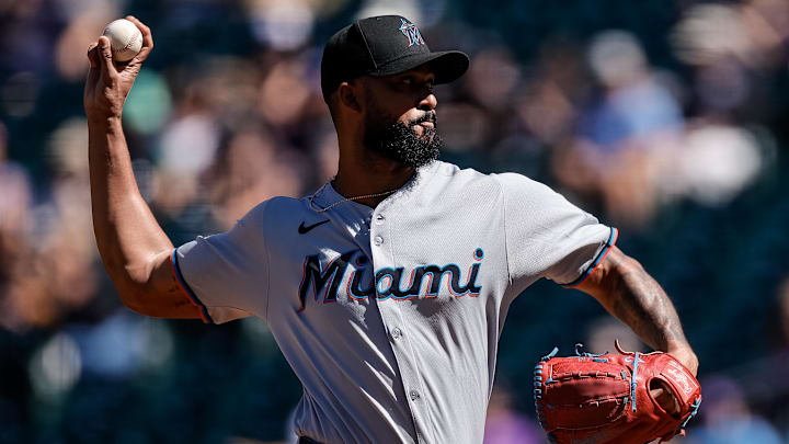 Miami Marlins starting pitcher Sandy Alcantara (22) pitches in the first inning against the Colorado Rockies at Coors Field. Miami Marlins starting pitcher Sandy Alcantara (22) pitches in the first inning against the Colorado Rockies at Coors Field.