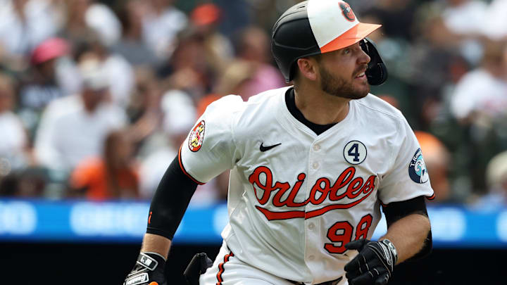 Jun 1, 2025; Baltimore, Maryland, USA; Baltimore Orioles catcher Maverick Handley (98) runs to first during the seventh inning against the Chicago White Sox at Oriole Park at Camden Yards. 