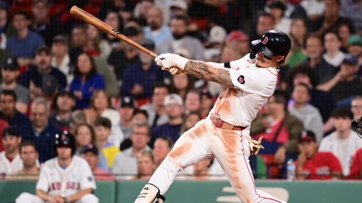 Jun 16, 2024; Boston, Massachusetts, USA; Boston Red Sox left fielder Jarren Duran (16) hits a single against the New York Yankees during the eighth inning at Fenway Park. Mandatory Credit: Eric Canha-USA TODAY Sports Jun 16, 2024; Boston, Massachusetts, USA; Boston Red Sox left fielder Jarren Duran (16) hits a single against the New York Yankees during the eighth inning at Fenway Park. Mandatory Credit: Eric Canha-USA TODAY Sports