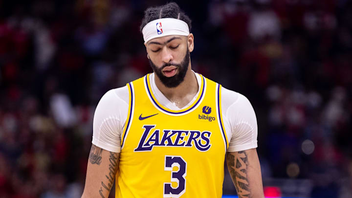 Apr 16, 2024; New Orleans, Louisiana, USA;  Los Angeles Lakers forward Anthony Davis (3) looks on