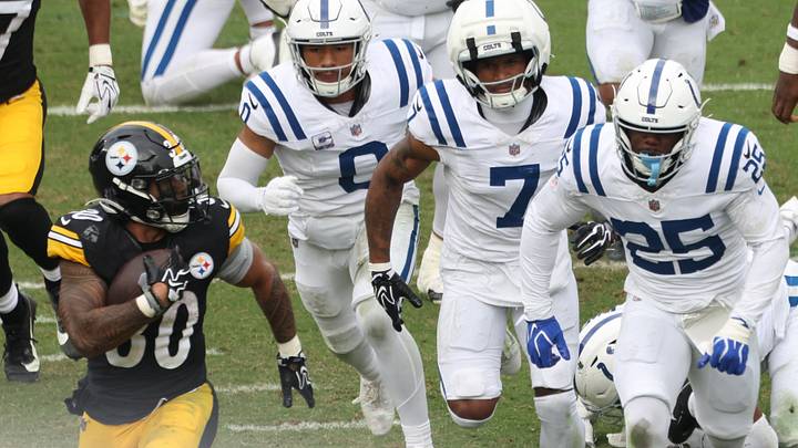 Oct 11, 2026; Pittsburgh, Pennsylvania, USA; Pittsburgh Steelers tight end Darnell Washington (80) runs the ball for a touchdown while chased by Indianapolis Colts safety Cam Bynum (0), cornerback Charvarius Ward (7) and safety AJ Haulcy (25) at Acrisure Stadium. Mandatory Credit: Charles LeClaire-Imagn Images Oct 11, 2026; Pittsburgh, Pennsylvania, USA; Pittsburgh Steelers tight end Darnell Washington (80) runs the ball for a touchdown while chased by Indianapolis Colts safety Cam Bynum (0), cornerback Charvarius Ward (7) and safety AJ Haulcy (25) at Acrisure Stadium. Mandatory Credit: Charles LeClaire-Imagn Images