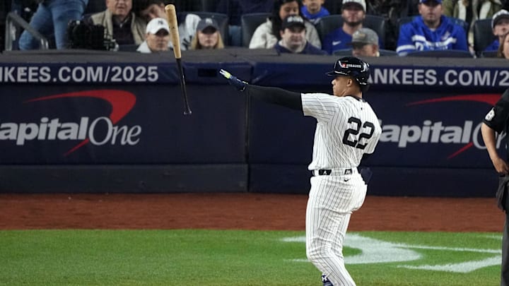 Oct 29, 2024; Bronx, New York, USA; New York Yankees outfielder Juan Soto (22) reacts after a strike out against the Los Angeles Dodgers in the sixth inning during game four of the 2024 MLB World Series at Yankee Stadium. M