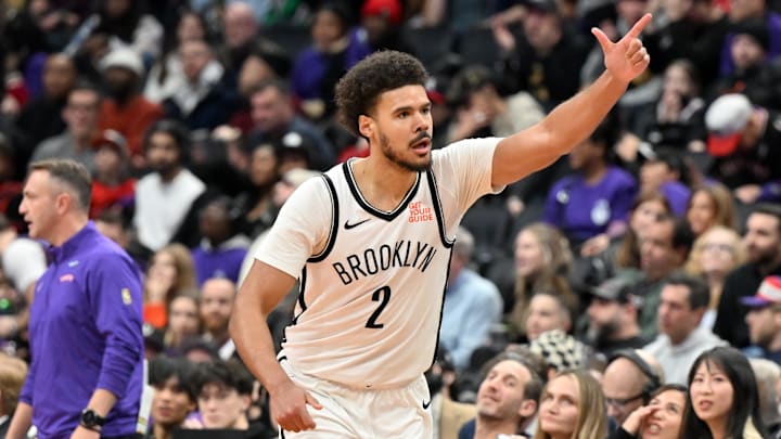 Dec 19, 2024; Toronto, Ontario, CAN;  Brooklyn Nets forward Cam Johnson (2) reacts after making a three point basket against the Toronto Raptors in the second half at Scotiabank Arena. Mandatory Credit: Dan Hamilton-Imagn Images