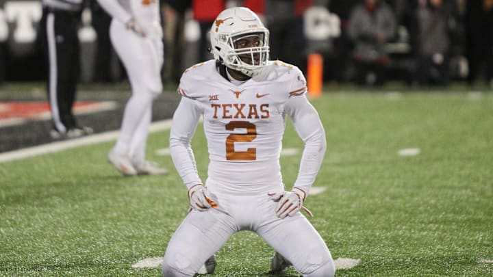 Nov 10, 2018; Lubbock, TX, USA; Texas Longhorns defensive cornerback Kris Boyd (2) reacts to a play by the Texas Tech Red Raiders at Jones AT&T Stadium. Mandatory Credit: Michael C. Johnson-Imagn Images