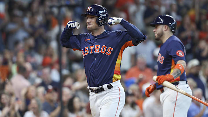 Sep 22, 2024; Houston, Texas, USA; Houston Astros third baseman Alex Bregman (2) celebrates after hitting a home run during the fifth inning against the Los Angeles Angels at Minute Maid Park. 