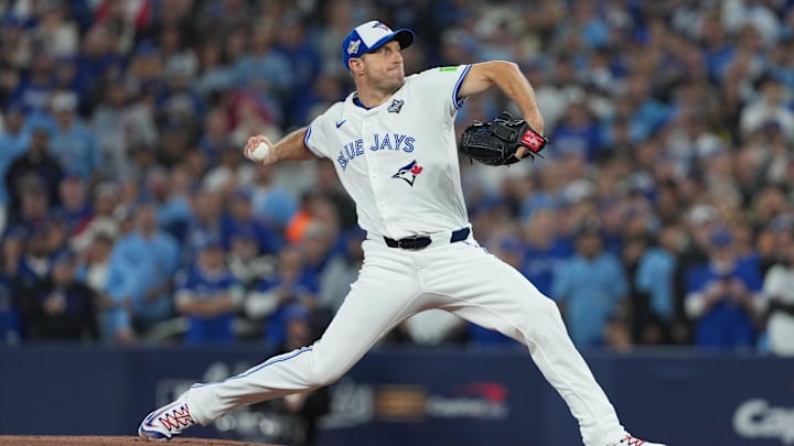 Nov 1, 2025; Toronto, Ontario, CAN; Toronto Blue Jays pitcher Max Scherzer (31) throws a pitch against the Los Angeles Dodgers in the first inning for game seven of the 2025 MLB World Series at Rogers Centre. Mandatory Credit: Nick Turchiaro-Imagn Images Nov 1, 2025; Toronto, Ontario, CAN; Toronto Blue Jays pitcher Max Scherzer (31) throws a pitch against the Los Angeles Dodgers in the first inning for game seven of the 2025 MLB World Series at Rogers Centre. Mandatory Credit: Nick Turchiaro-Imagn Images