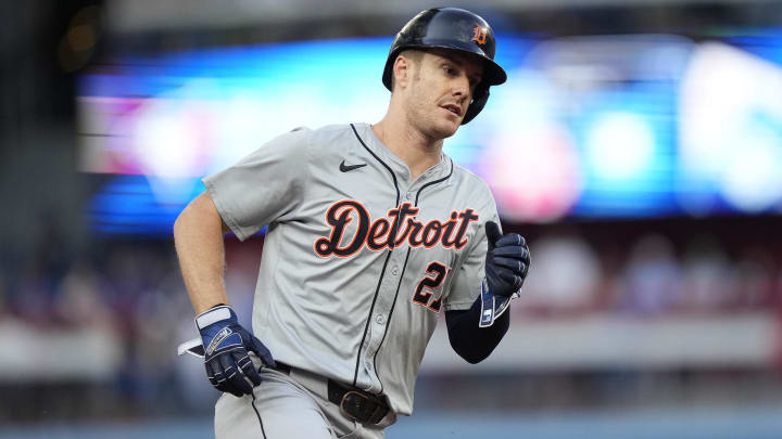 Jul 19, 2024; Toronto, Ontario, CAN; Detroit Tigers designated hitter Mark Canha (21) runs to third base during the second inning against the Toronto Blue Jays at Rogers Centre. Jul 19, 2024; Toronto, Ontario, CAN; Detroit Tigers designated hitter Mark Canha (21) runs to third base during the second inning against the Toronto Blue Jays at Rogers Centre.
