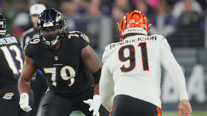 Oct 9, 2022; Baltimore, Maryland, USA; Baltimore Ravens tackle Ronnie Stanley (79) blocks Cincinnati Bengals defensive end Trey Hendricksen (91 in the first quarter at M&T Bank Stadium. Mandatory Credit: Mitch Stringer-Imagn Images