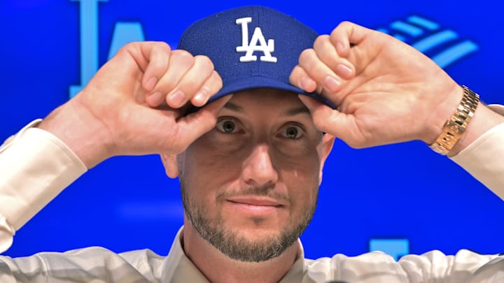 Jan 21, 2026; Los Angeles, CA, USA;  Los Angeles Dodgers right fielder Kyle Tucker (23) is introduced to the media during a press conference at Dodger Stadium. Mandatory Credit: Jayne Kamin-Oncea-Imagn Images