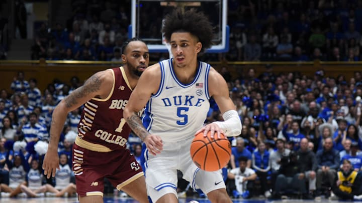 Feb 10, 2024; Durham, North Carolina, USA; Duke Blue Devils guard Tyrese Proctor (5) drives to the
