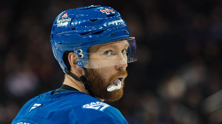 Apr 5, 2026; New York, New York, USA; New York Rangers defenseman Vladislav Gavrikov (44) awaits a face-off against the Washington Capitals during the third period at Madison Square Garden. Mandatory Credit: Danny Wild-Imagn Images