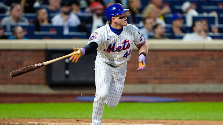 Aug 19, 2024; New York City, New York, USA; New York Mets center fielder Harrison Bader (44) against the Baltimore Orioles during the second inning at Citi Field.