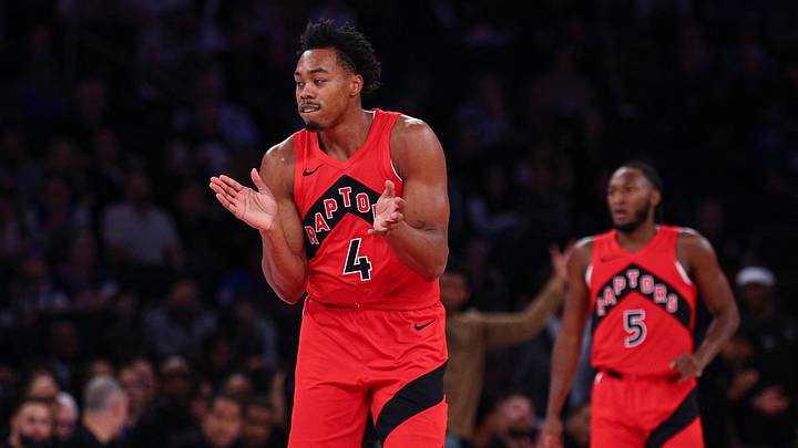 Oct 15, 2026; New York, New York, USA;  Toronto Raptors small forward Scottie Barnes (4) reacts after a basket against the New York Knicks during the first quarter at Madison Square Garden.  Mandatory Credit: Vincent Carchietta-Imagn Images