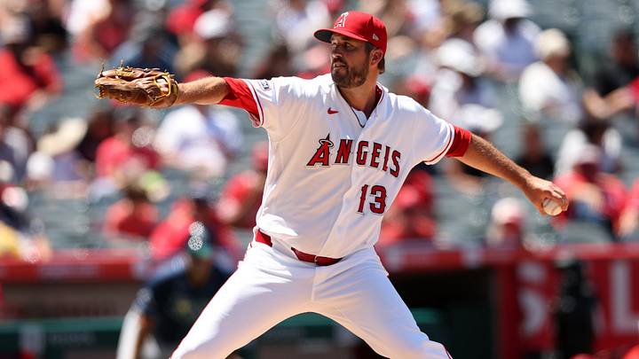 Jun 14, 2026; Anaheim, California, USA;  Los Angeles Angels pitcher Drew Pomeranz (13) pitches during the fourth inning against the Tampa Bay Rays at Angel Stadium. Mandatory Credit: Kiyoshi Mio-Imagn Images