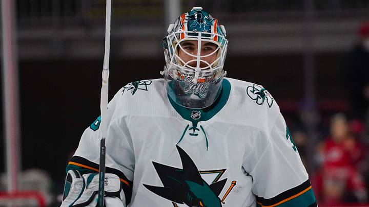 Jan 30, 2022; Raleigh, North Carolina, USA;  San Jose Sharks goaltender Zach Sawchenko (36) looks on against the Carolina Hurricanes before the game at PNC Arena. Mandatory Credit: James Guillory-USA TODAY Sports