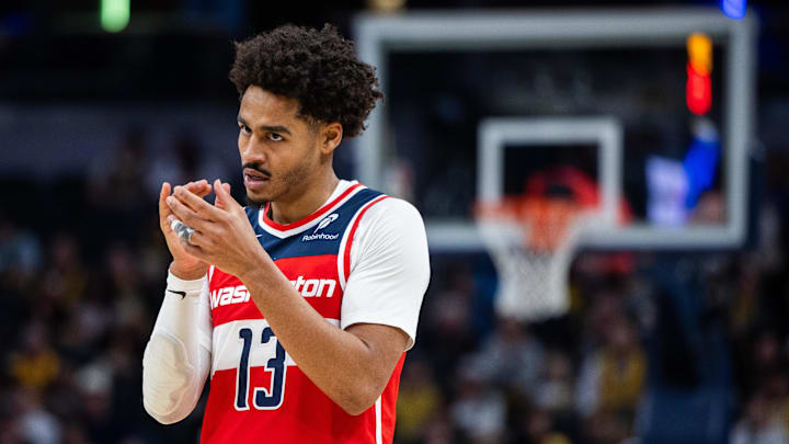 Apr 8, 2025; Indianapolis, Indiana, USA; Washington Wizards guard Jordan Poole (13) in the first half against the Indiana Pacers at Gainbridge Fieldhouse. Mandatory Credit: Trevor Ruszkowski-Imagn Images