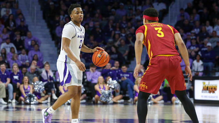 Mar 9, 2024; Manhattan, Kansas, USA; Kansas State Wildcats guard Tylor Perry (2) brings the ball up against Iowa State.