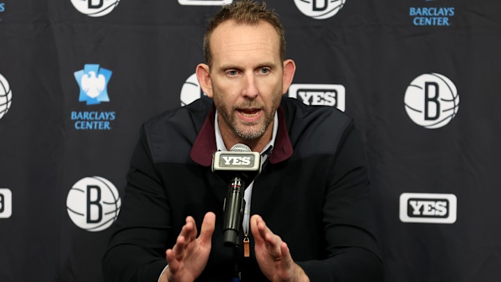 Nov 9, 2022; Brooklyn, New York, USA; Brooklyn Nets general manager Sean Marks speaks during a press conference before a game against the New York Knicks at Barclays Center. Mandatory Credit: Brad Penner-Imagn Images Nov 9, 2022; Brooklyn, New York, USA; Brooklyn Nets general manager Sean Marks speaks during a press conference before a game against the New York Knicks at Barclays Center. Mandatory Credit: Brad Penner-Imagn Images