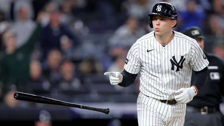 Sep 23, 2026; Bronx, New York, USA; New York Yankees designated hitter Ben Rice (22) points into the dugout after hitting a solo home run during the first inning against the Tampa Bay Rays at Yankee Stadium. Mandatory Credit: Brad Penner-Imagn Images