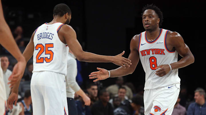 Apr 1, 2026; Memphis, Tennessee, USA; New York Knicks forward OG Anunoby (8) reacts with New York Knicks guard Mikal Bridges (25) during the fourth quarter at FedExForum. Mandatory Credit: Petre Thomas-Imagn Images