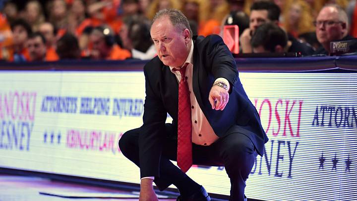 Feb 10, 2026; Champaign, Illinois, USA;  Wisconsin Badgers head coach Greg Gard during the second half against the Illinois Fighting Illini at State Farm Center. Mandatory Credit: Ron Johnson-Imagn Images