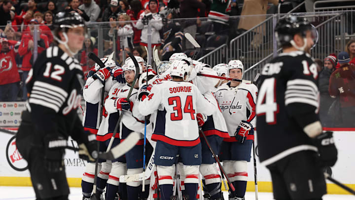 The Washington Capitals celebrate their overtime win over the New Jersey Devils at Prudential Center. Mandatory Credit: Ed Mulholland-Imagn Images