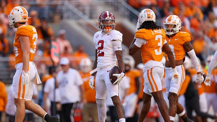 Oct 19, 2024; Knoxville, Tennessee, USA; Alabama Crimson Tide wide receiver Ryan Williams (2) reacts after a play against the Tennessee Volunteers during the first quarter at Neyland Stadium. Oct 19, 2024; Knoxville, Tennessee, USA; Alabama Crimson Tide wide receiver Ryan Williams (2) reacts after a play against the Tennessee Volunteers during the first quarter at Neyland Stadium.