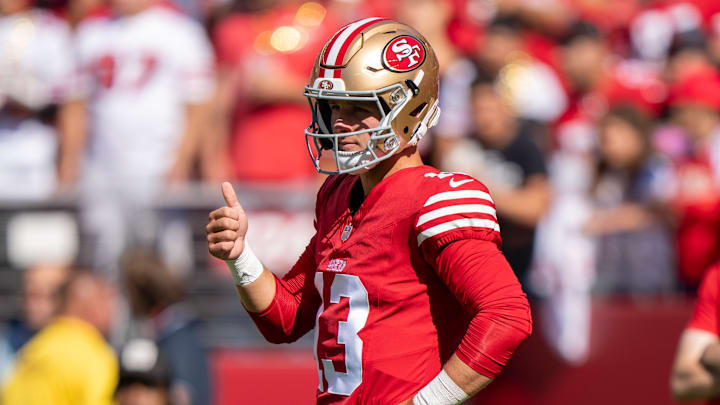 August 18, 2024; Santa Clara, California, USA; San Francisco 49ers quarterback Brock Purdy (13) before the game against the New Orleans Saints at Levi's Stadium. Mandatory Credit: Kyle Terada-Imagn Images August 18, 2024; Santa Clara, California, USA; San Francisco 49ers quarterback Brock Purdy (13) before the game against the New Orleans Saints at Levi's Stadium. Mandatory Credit: Kyle Terada-Imagn Images