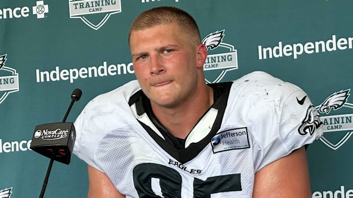 Eagles rookie defensive lineman Ty Robinson speaks with reporters after practice on July 29, 2025. Eagles rookie defensive lineman Ty Robinson speaks with reporters after practice on July 29, 2025.