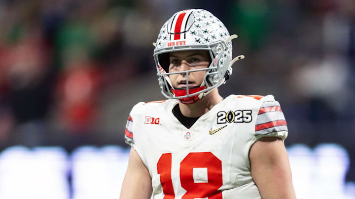 Jan 20, 2025; Atlanta, GA, USA; Ohio State Buckeyes quarterback Will Howard (18) against the Notre Dame Fighting Irish during the CFP National Championship college football game at Mercedes-Benz Stadium. Mandatory Credit: Mark J. Rebilas-Imagn Images
