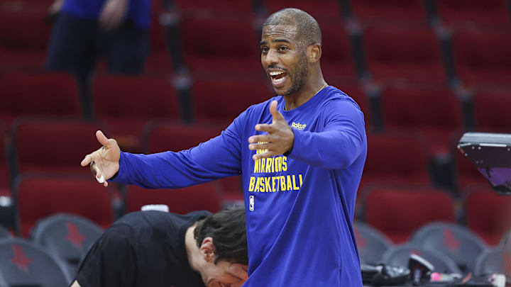 Oct 29, 2023; Houston, Texas, USA; Golden State Warriors guard Chris Paul (3) on the court before
