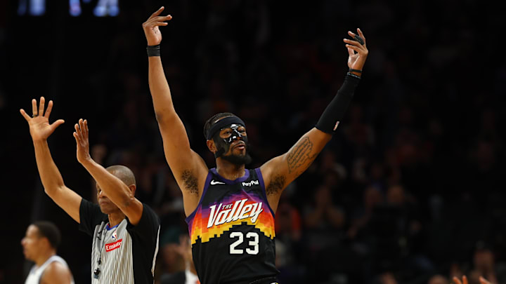 Feb 21, 2026; Phoenix, Arizona, USA; Phoenix Suns guard Jordan Goodwin (23) celebrates against the Orlando Magic in the second half at Mortgage Matchup Center. Mandatory Credit: Mark J. Rebilas-Imagn Images