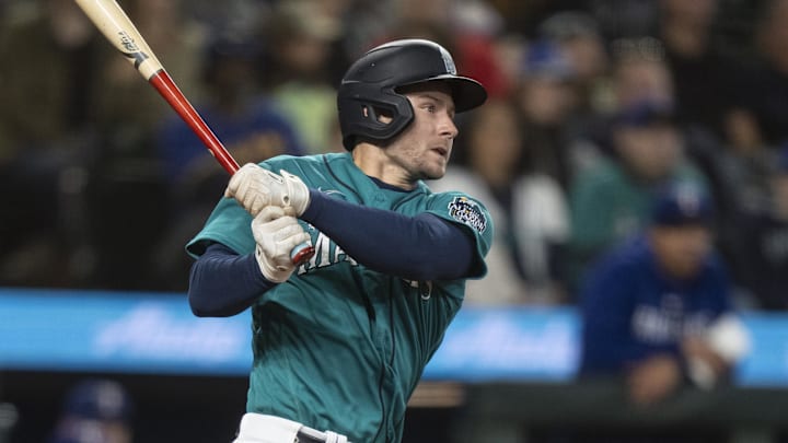 Sep 30, 2023; Seattle, Washington, USA; Seattle Mariners pinch hitter Jarred Kelenic (10) hits a