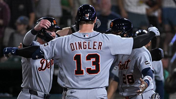 Detroit Tigers catcher Dillon Dingler (13) celebrates with teammates after hitting a grand slam against the Athletics Detroit Tigers catcher Dillon Dingler (13) celebrates with teammates after hitting a grand slam against the Athletics