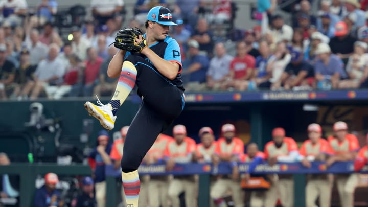 National League pitcher Paul Skenes of the Pittsburgh Pirates (30) pitches against the American League in the first inning during the 2024 MLB All-Star game. National League pitcher Paul Skenes of the Pittsburgh Pirates (30) pitches against the American League in the first inning during the 2024 MLB All-Star game.