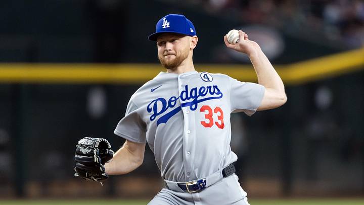 Jun 2, 2026; Phoenix, Arizona, USA; Los Angeles Dodgers pitcher Eric Lauer in the second inning against the Arizona Diamondbacks at Chase Field. Mandatory Credit: Mark J. Rebilas-Imagn Images
