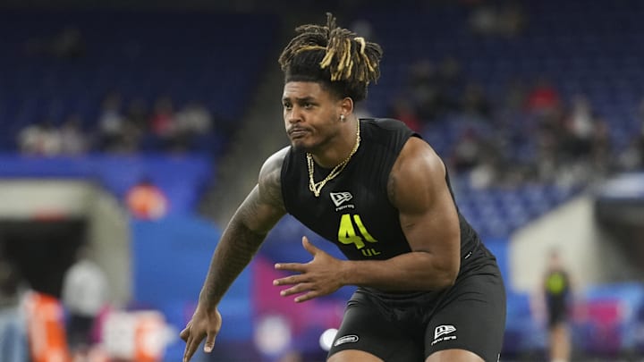 Feb 26, 2026; Indianapolis, IN, USA; Texas A&M defensive lineman Cashius Howell (DL41) during the NFL Scouting Combine  at Lucas Oil Stadium. Mandatory Credit: Kirby Lee-Imagn Images