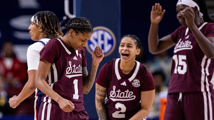Mar 6, 2025; Greenville, SC, USA; Mississippi State Bulldogs guard Destiney McPhaul (1) celebrates after scoring against the Ole Miss Rebels during the second half at Bon Secours Wellness Arena. Mandatory Credit: Scott Kinser-Imagn Images