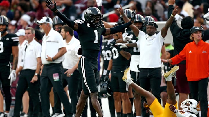 Sep 6, 2025; Starkville, Mississippi, USA; Mississippi State Bulldogs defensive back Kelley Jones (1) reacts after a pass breakup during the first quarter against the Arizona State Sun Devils at Davis Wade Stadium at Scott Field. Mandatory Credit: Petre Thomas-Imagn Images
