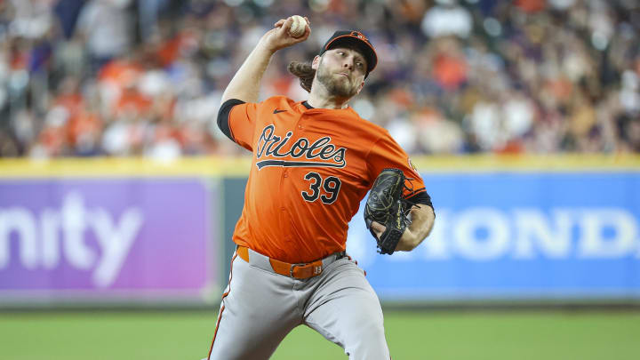 Jun 22, 2024; Houston, Texas, USA; Baltimore Orioles starting pitcher Corbin Burnes (39) delivers a pitch. Jun 22, 2024; Houston, Texas, USA; Baltimore Orioles starting pitcher Corbin Burnes (39) delivers a pitch.