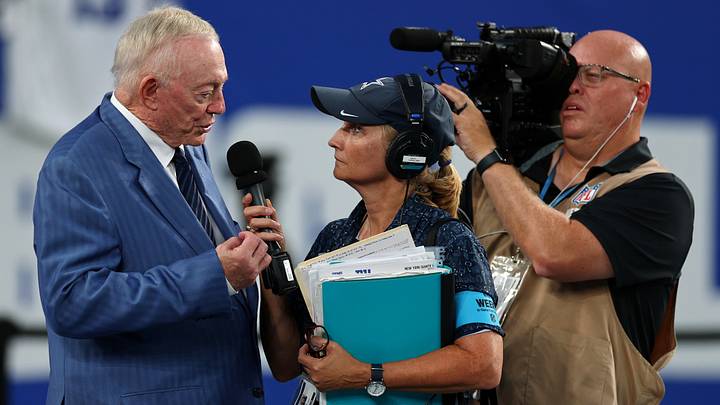 Dallas Cowboys owner Jerry Jones is interviewed during warmups prior to the game against the New York Giants at MetLife Stadium. Mandatory Credit: Vincent Carchietta-Imagn Images Dallas Cowboys owner Jerry Jones is interviewed during warmups prior to the game against the New York Giants at MetLife Stadium. Mandatory Credit: Vincent Carchietta-Imagn Images