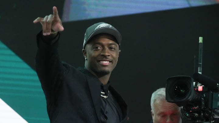 Apr 25, 2024; Detroit, MI, USA; Toledo Rockets cornerback Quinyon Mitchell reacts after being