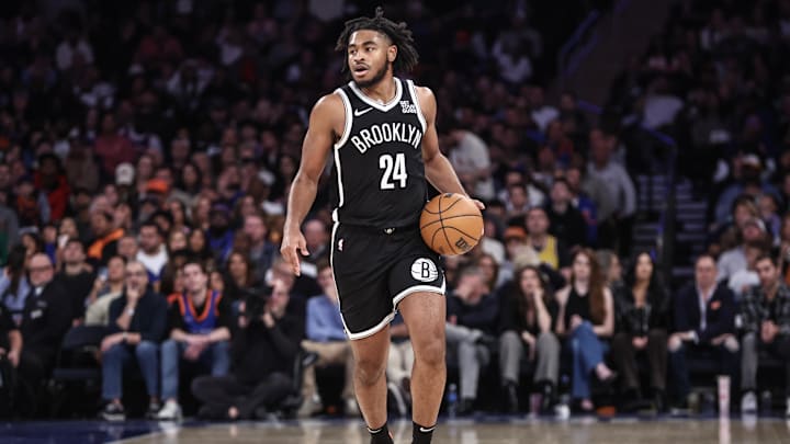 Nov 17, 2024; New York, New York, USA; Brooklyn Nets guard Cam Thomas (24) brings the ball up in the second quarter against the New York Knicks at Madison Square Garden. Mandatory Credit: Wendell Cruz-Imagn Images