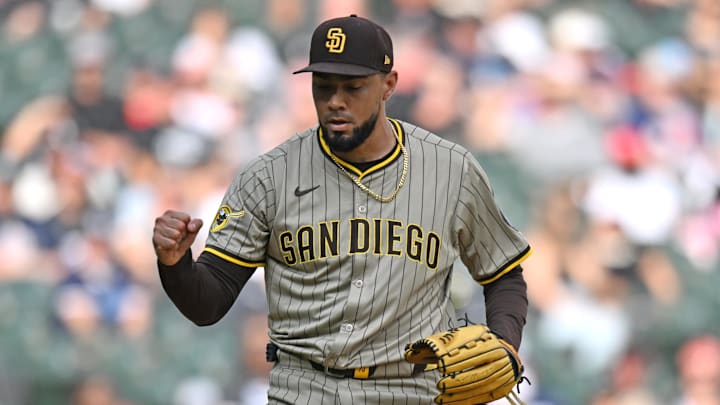 Sep 21, 2025; Chicago, Illinois, USA; San Diego Padres pitcher Robert Suarez (75) celebrates after defeating the Chicago White Sox during the ninth inning at Rate Field. Mandatory Credit: Patrick Gorski-Imagn Images